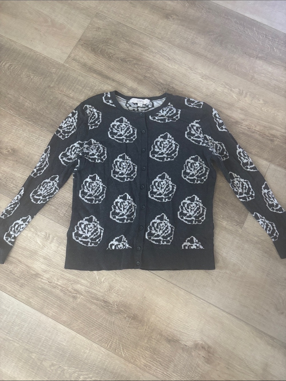 LOFT Black Cardigan with White Floral Jacquard